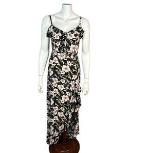 Volcom Maxi dress Womens XS Black Floral Ruffle strappy Tropical Boho beachy